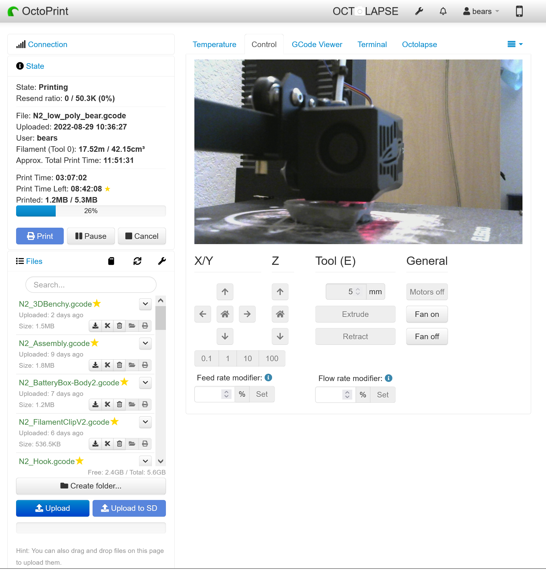 A web browser showing the OctoPrint dashboard, a combination of statistics and visualizations for the currently running print job.